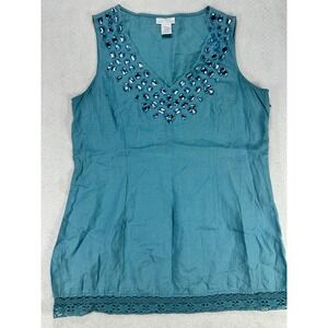 Soft Surroundings Teal Blue Linen Beaded V-Neck Tank Top Crochet Trim Medium M